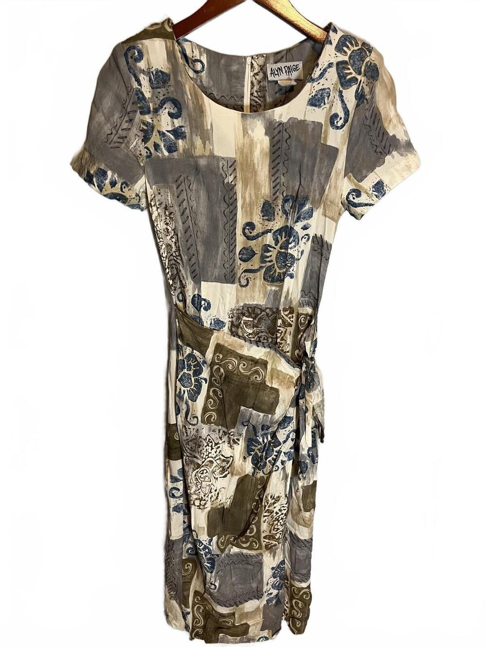 VTG Alyn Paige Geometric Wrap MIDI SS Dress 90s Boho Sz 7/8